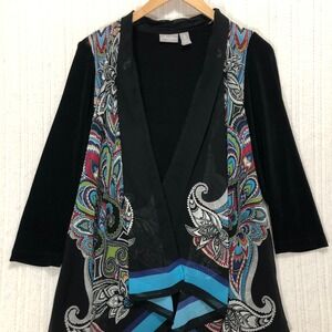 Travelers by‎ Chico's Open Front Cardigan Paisley Print Sheer Black Size 0